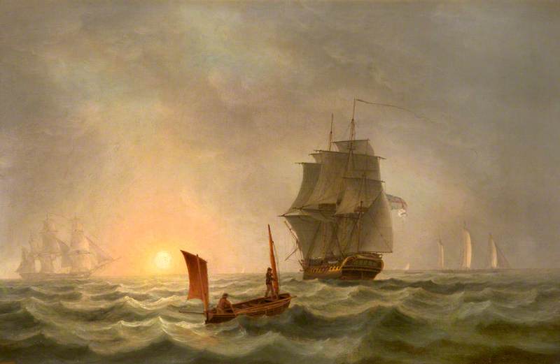 Wikioo.org - สารานุกรมวิจิตรศิลป์ - จิตรกรรม Thomas Luny - Seascape With Shipping