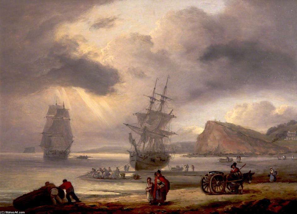 Wikioo.org - The Encyclopedia of Fine Arts - Painting, Artwork by Thomas Luny - Teignmouth Beach And Ness Point, Devon