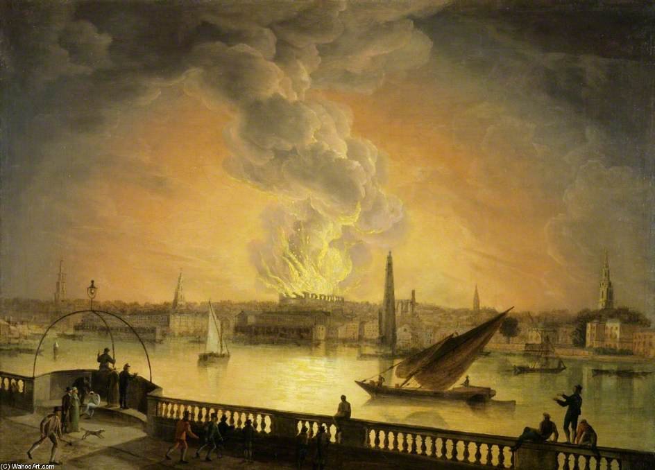 Wikioo.org - The Encyclopedia of Fine Arts - Painting, Artwork by Thomas Luny - The Burning Of Drury Lane Theatre From Westminster Bridge, London