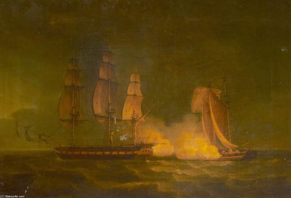 Wikioo.org - The Encyclopedia of Fine Arts - Painting, Artwork by Thomas Whitcombe - 'hibernia' Beating Off The Privateer 'comet' -