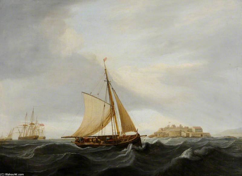 Wikioo.org - The Encyclopedia of Fine Arts - Painting, Artwork by Thomas Whitcombe - A Lugger Off Castle Cornet, Guernsey