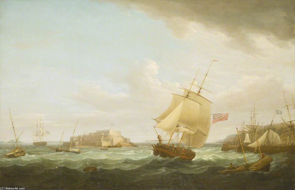 WikiOO.org - Εγκυκλοπαίδεια Καλών Τεχνών - Ζωγραφική, έργα τέχνης Thomas Whitcombe - A Merchantman And Other Vessels Off Castle Cornet, Guernsey