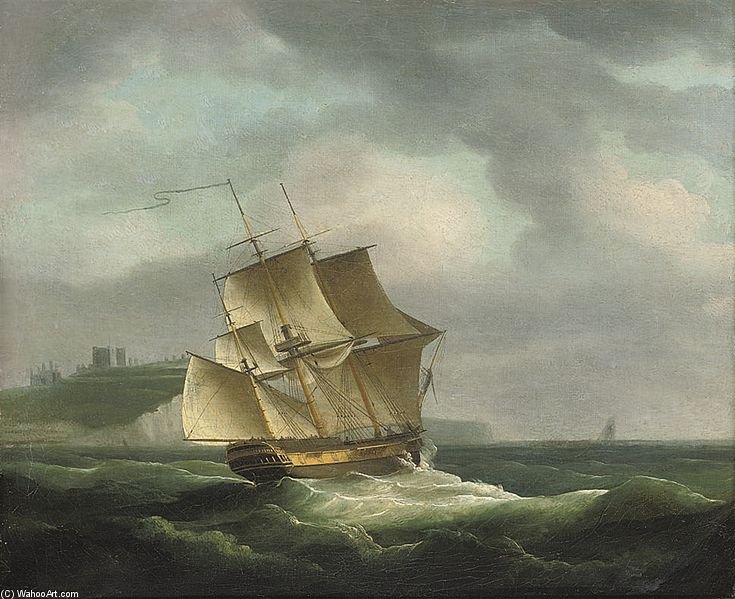 Wikioo.org - The Encyclopedia of Fine Arts - Painting, Artwork by Thomas Whitcombe - A Three-masted Merchantman Beating Her Way Up The Channel Past Dover Castle