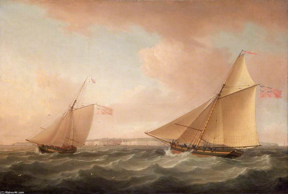WikiOO.org - Encyclopedia of Fine Arts - Maľba, Artwork Thomas Whitcombe - A Trinity House Yacht And A Revenue Cutter Off Ramsgate