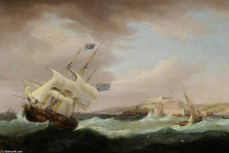 WikiOO.org - Encyclopedia of Fine Arts - Maleri, Artwork Thomas Whitcombe - Castle Cornet, Storm