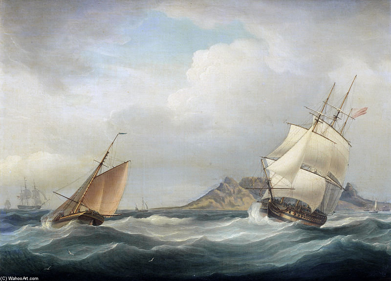 Wikioo.org - The Encyclopedia of Fine Arts - Painting, Artwork by Thomas Whitcombe - Hms Illustrious Heading Out Of Table Bay In Choppy Conditions And A Stiff Breeze