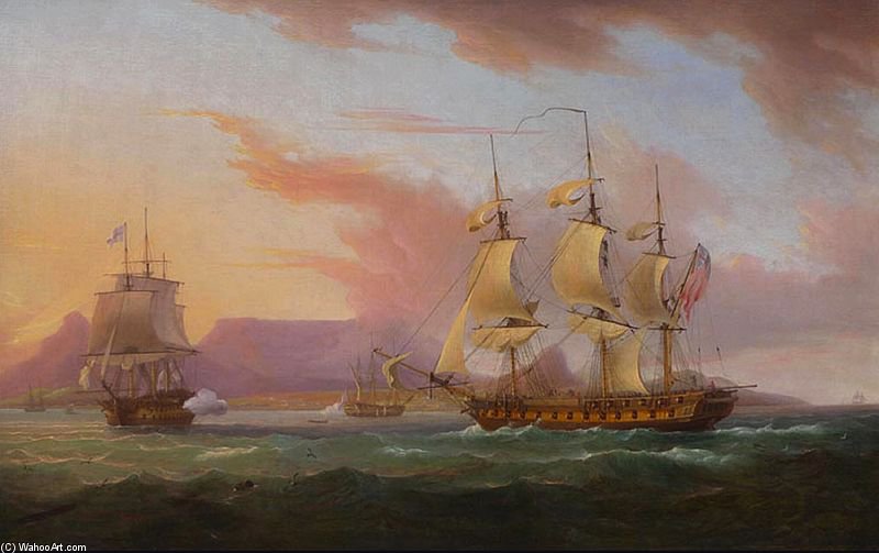 Wikioo.org - The Encyclopedia of Fine Arts - Painting, Artwork by Thomas Whitcombe - Naval Ships Off Cape Town