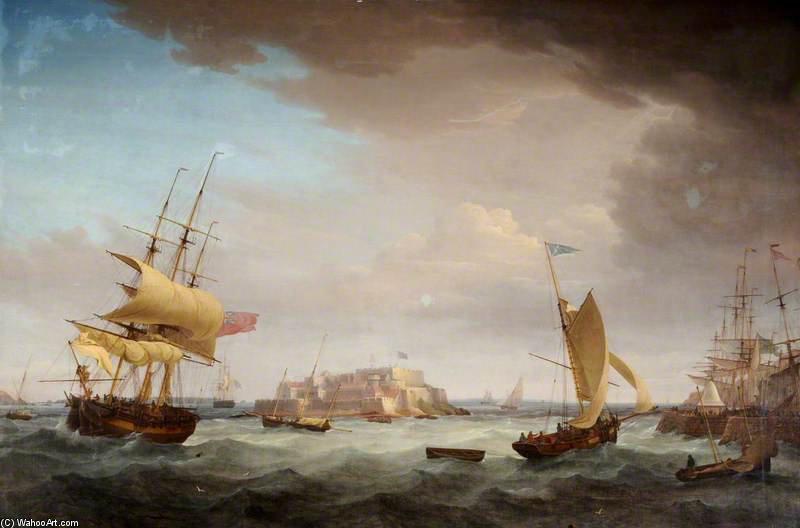 Wikioo.org - The Encyclopedia of Fine Arts - Painting, Artwork by Thomas Whitcombe - Shipping Off Castle Cornet -
