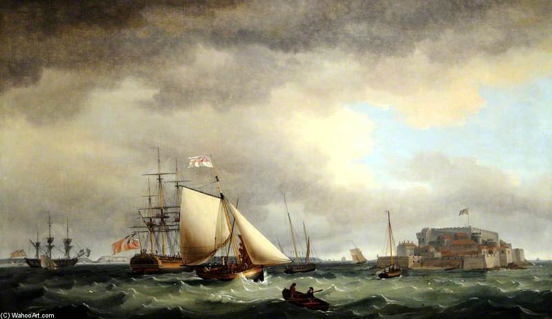 WikiOO.org - Encyclopedia of Fine Arts - Målning, konstverk Thomas Whitcombe - Shipping Off Castle Cornet