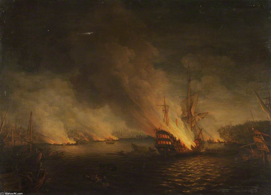 Wikioo.org - Bách khoa toàn thư về mỹ thuật - Vẽ tranh, Tác phẩm nghệ thuật Thomas Whitcombe - Sir John Thomas Duckworth's Action In The Dardanelles