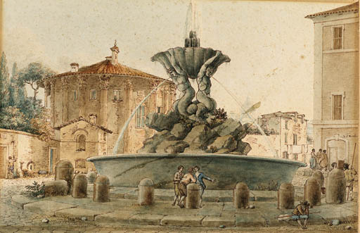 Wikioo.org - The Encyclopedia of Fine Arts - Painting, Artwork by Victor Jean Nicolle - The Fountain Of The Piazza Santa Maria In Cosmedin With The Temple Of Cybele, Saint Peter In The Background, Rome