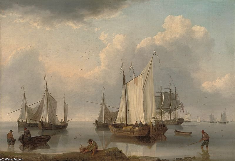 WikiOO.org - Encyclopedia of Fine Arts - Maalaus, taideteos William Anderson - A British Warship, Dutch Barges And Other Coastal Craft On The Ijselmeer