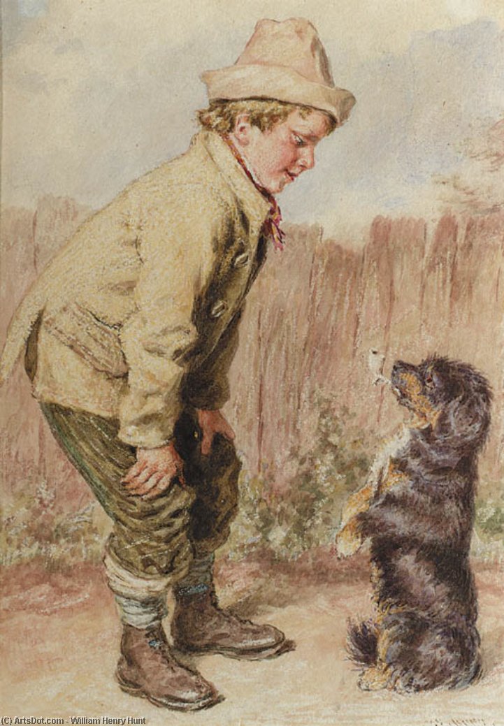 Wikioo.org - Encyklopedia Sztuk Pięknych - Malarstwo, Grafika William Henry Hunt - A Boy With A Begging Dog