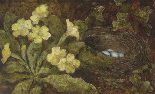 Wikioo.org – La Enciclopedia de las Bellas Artes - Pintura, Obras de arte de William Henry Hunt - Un Primula Y Nido de un pájaro en un banco cubierto de musgo