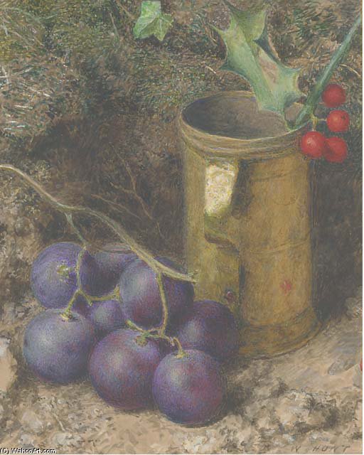 WikiOO.org - Encyclopedia of Fine Arts - Malba, Artwork William Henry Hunt - Still Life Of Grapes, A Tankard And A Sprig Of Holly