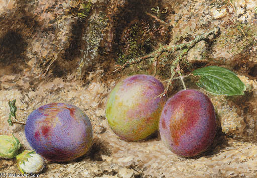 Wikioo.org - สารานุกรมวิจิตรศิลป์ - จิตรกรรม William Henry Hunt - Still Life With Plums And Hazelnuts On A Mossy Bank