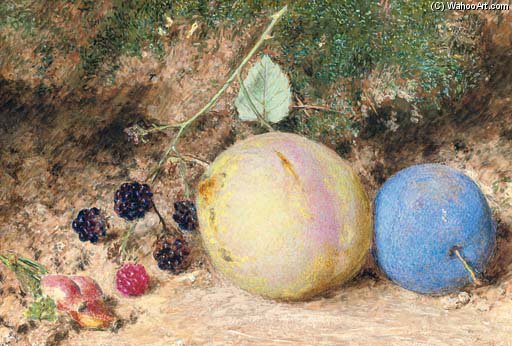 WikiOO.org - Encyclopedia of Fine Arts - Maľba, Artwork William Henry Hunt - Still-life Of Rosehips, Blackberries And Plums, On A Mossy Bank