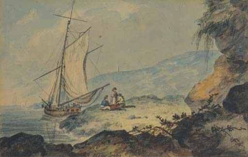 WikiOO.org - Encyclopedia of Fine Arts - Maľba, Artwork William Payne - A Gaff-rigged Cutter In A Coastal Inlet, Devon