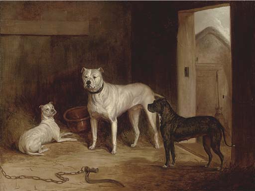 Wikioo.org - The Encyclopedia of Fine Arts - Painting, Artwork by Abraham Cooper - A Bulldog And Bullterriers In An Outhouse