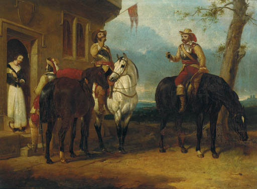 Wikioo.org - The Encyclopedia of Fine Arts - Painting, Artwork by Abraham Cooper - Two Mounted Cavaliers And Another Drinking Ale Outside An Inn