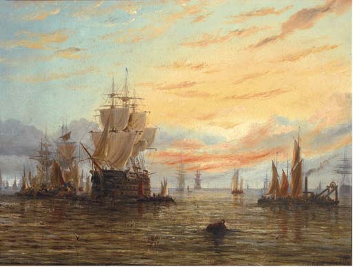 Wikioo.org - The Encyclopedia of Fine Arts - Painting, Artwork by Adolphus Knell - A Three-decker In A Busy Anchorage At Dusk