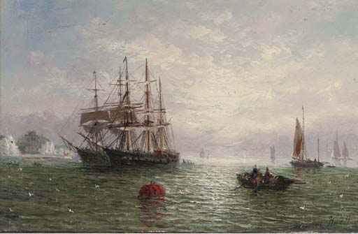 WikiOO.org - Encyclopedia of Fine Arts - Maľba, Artwork Adolphus Knell - Anchored In Calm Waters Off The Coast