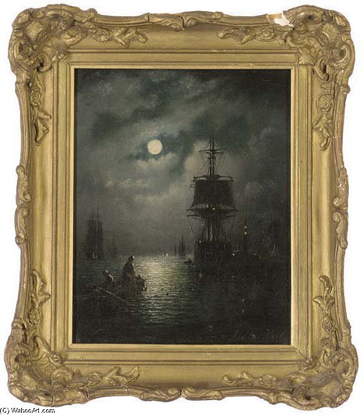 Wikioo.org – La Enciclopedia de las Bellas Artes - Pintura, Obras de arte de Adolphus Knell - Llevar En Los Nets en un puerto iluminado por la luna