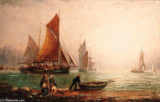 Wikioo.org - The Encyclopedia of Fine Arts - Painting, Artwork by Adolphus Knell - Fishermen Laying Their Nets; And The Returning Fishing Fleet