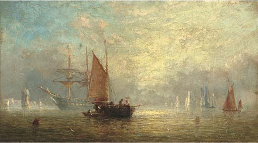 Wikioo.org - The Encyclopedia of Fine Arts - Painting, Artwork by Adolphus Knell - Fishermen Unloading At Dusk, With A Frigate At Anchor Beyond