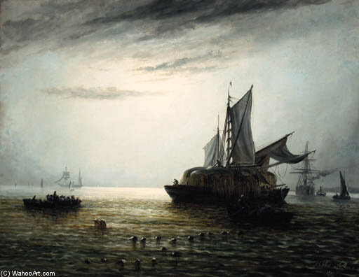 Wikioo.org - The Encyclopedia of Fine Arts - Painting, Artwork by Adolphus Knell - Shipping On A River Estuary By Moonlight