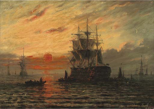 Wikioo.org - The Encyclopedia of Fine Arts - Painting, Artwork by Adolphus Knell - The Flagship At Dusk