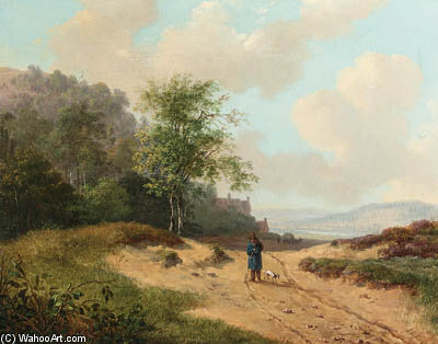 Wikioo.org - The Encyclopedia of Fine Arts - Painting, Artwork by Andreas Schelfhout - A Summer Landscape With A Traveller And Dog On A Sandy Track