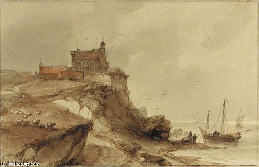 Wikioo.org - The Encyclopedia of Fine Arts - Painting, Artwork by Andreas Schelfhout - A Village With A Church On A Rocky Coast, Fishermen On The Beach Nearby