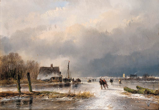 WikiOO.org - Encyclopedia of Fine Arts - Lukisan, Artwork Andreas Schelfhout - A Winter Landscape With Skaters On A Frozen Waterway