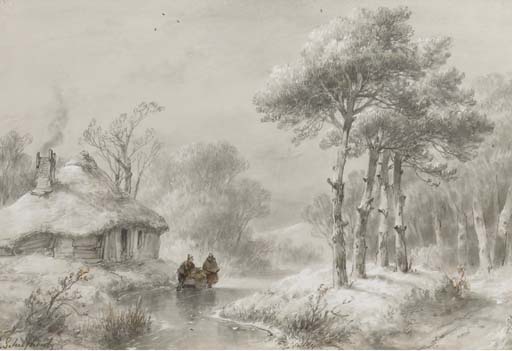 Wikioo.org - The Encyclopedia of Fine Arts - Painting, Artwork by Andreas Schelfhout - A Wooded Winter Landscape With Figures By A Cottage