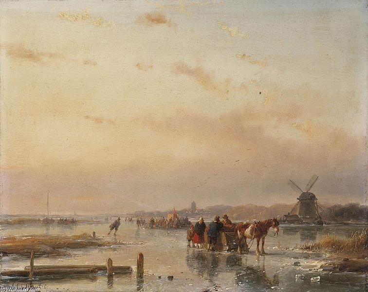 Wikioo.org - The Encyclopedia of Fine Arts - Painting, Artwork by Andreas Schelfhout - Collected On The Ice At The End Of A Winter Day