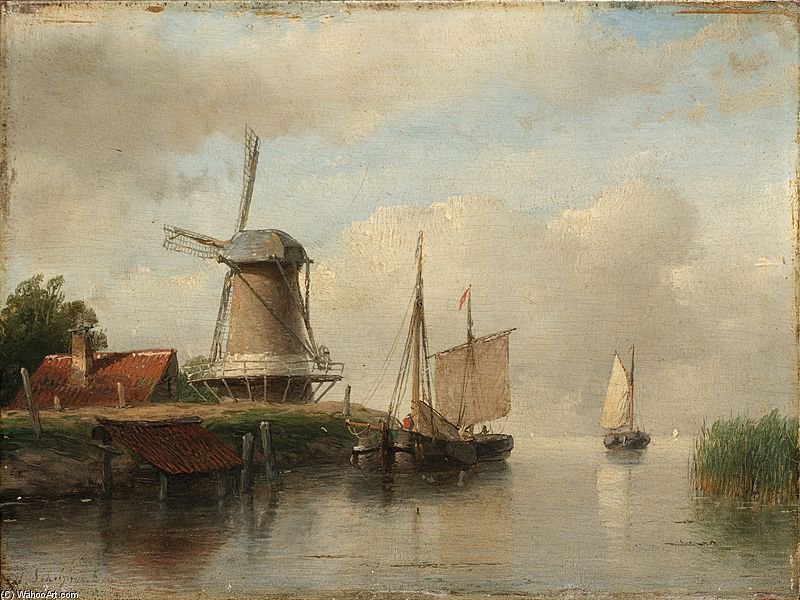 Wikioo.org – La Enciclopedia de las Bellas Artes - Pintura, Obras de arte de Andreas Schelfhout - barcos holandeses Amarrado en un Río cerca de Un Molino de viento