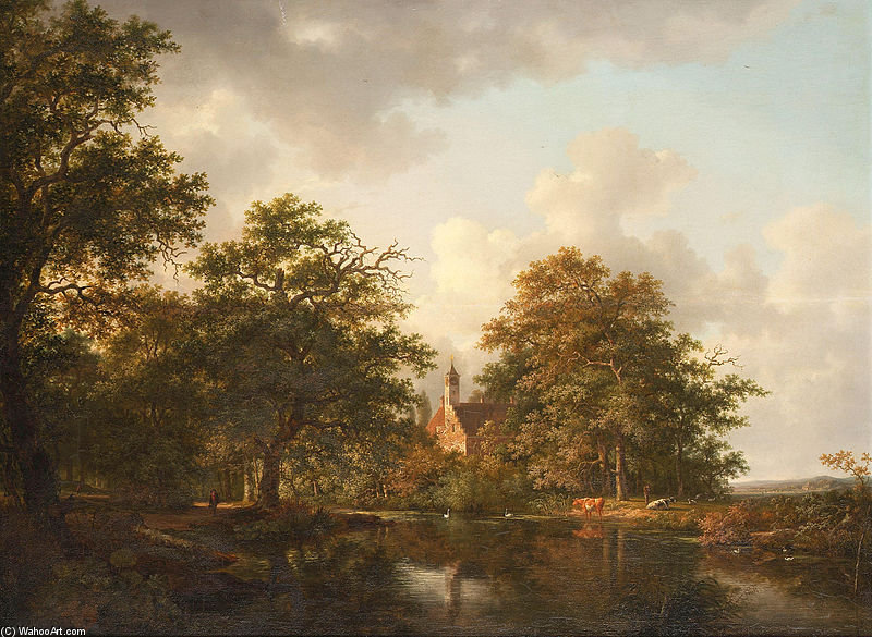 Wikioo.org - The Encyclopedia of Fine Arts - Painting, Artwork by Andreas Schelfhout - Figures And Cows At A Lake In A Wooded Landscape