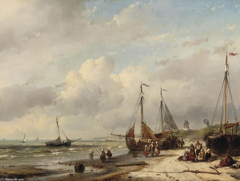 Wikioo.org – La Enciclopedia de las Bellas Artes - Pintura, Obras de arte de Andreas Schelfhout - Pescadores asícomo  pesca  Barcos  a lo largo  el  neerlandés  la costa
