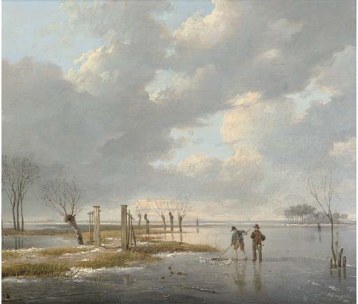 Wikioo.org - The Encyclopedia of Fine Arts - Painting, Artwork by Andreas Schelfhout - Fishermen Cutting A Hole In The Ice