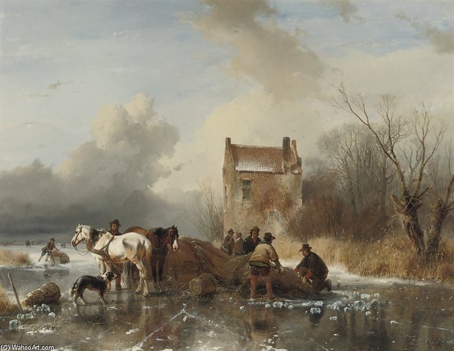 Wikioo.org - The Encyclopedia of Fine Arts - Painting, Artwork by Andreas Schelfhout - Ice Fishing - Hauling In The Nets On A Winter's Day