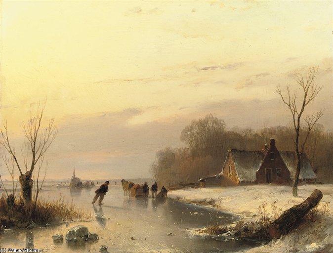 Wikioo.org - The Encyclopedia of Fine Arts - Painting, Artwork by Andreas Schelfhout - Ice-skating With A Koek-en-zopie In The Distance