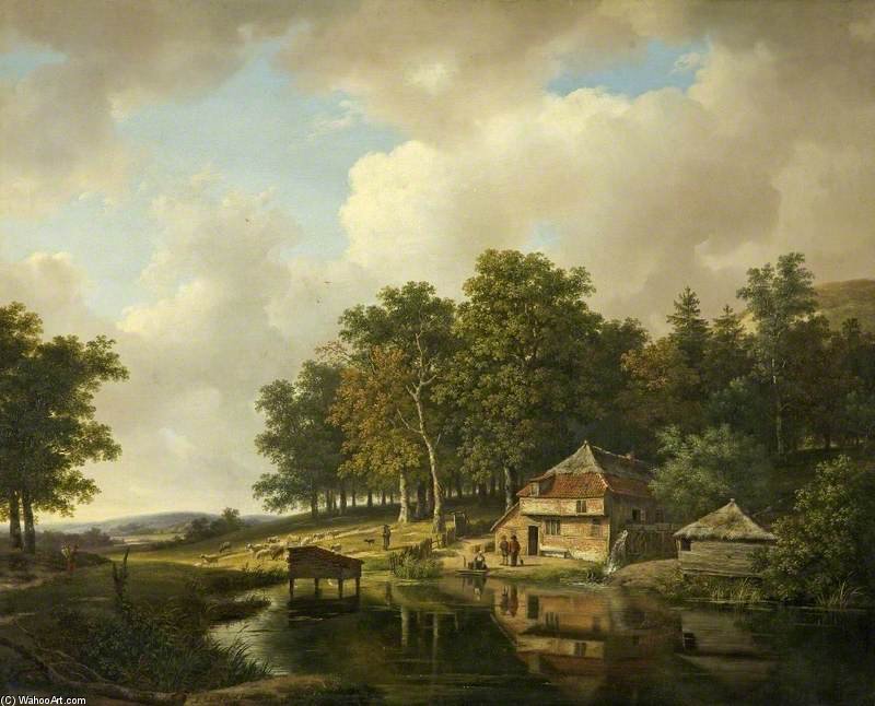 Wikioo.org - สารานุกรมวิจิตรศิลป์ - จิตรกรรม Andreas Schelfhout - Landscape With A Mill And A Water Wheel