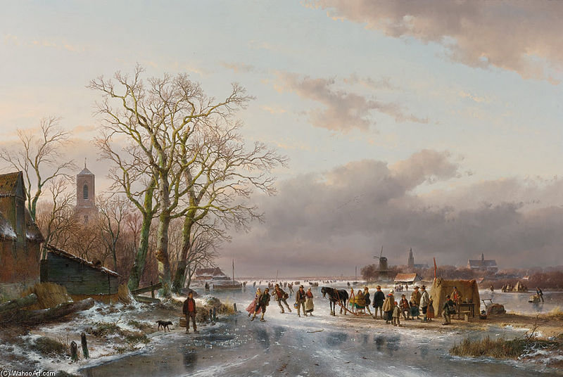 Wikioo.org - The Encyclopedia of Fine Arts - Painting, Artwork by Andreas Schelfhout - Numerous Skaters And A Horse-sledge By A Refreshment Stall