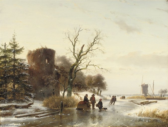 Wikioo.org - The Encyclopedia of Fine Arts - Painting, Artwork by Andreas Schelfhout - On The Ice Near A Ruin