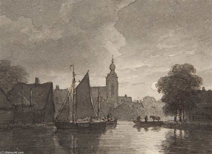 WikiOO.org - Enciklopedija dailės - Tapyba, meno kuriniai Andreas Schelfhout - Port By Moonlight, Boats Moored