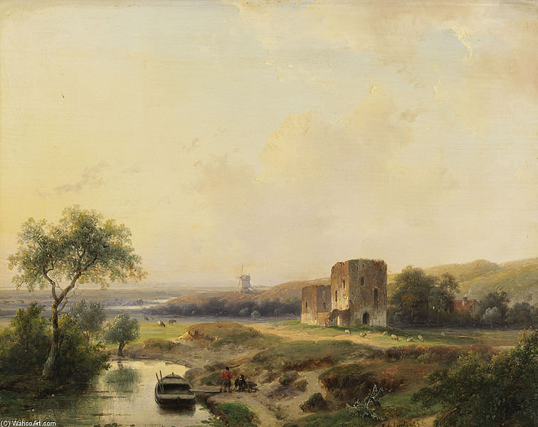 WikiOO.org – 美術百科全書 - 繪畫，作品 Andreas Schelfhout - 河景观与风车在哈勒姆和BREDERODE废墟