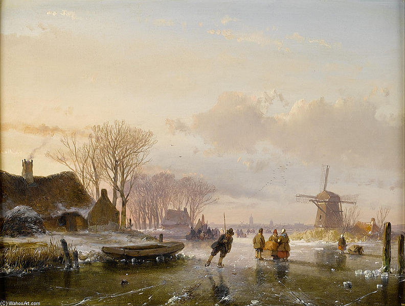 Wikioo.org - The Encyclopedia of Fine Arts - Painting, Artwork by Andreas Schelfhout - Skaters And Figures On A Frozen River, Haarlem In The Distance