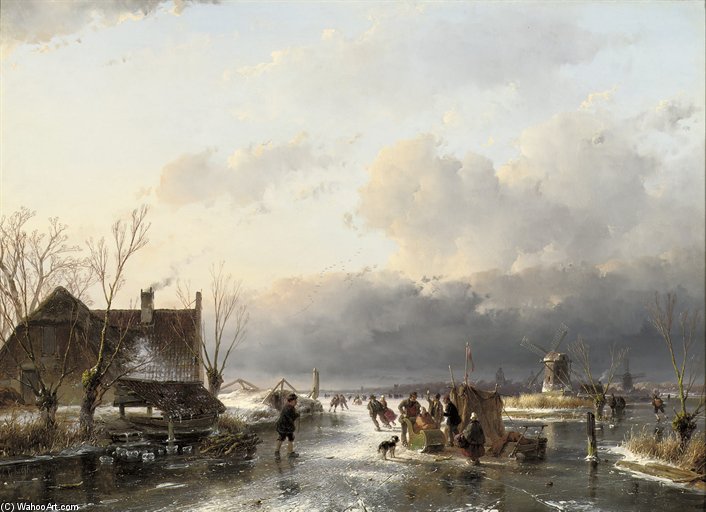Wikioo.org - The Encyclopedia of Fine Arts - Painting, Artwork by Andreas Schelfhout - Skaters Near A Koek-en-zopie With Windmills Beyond