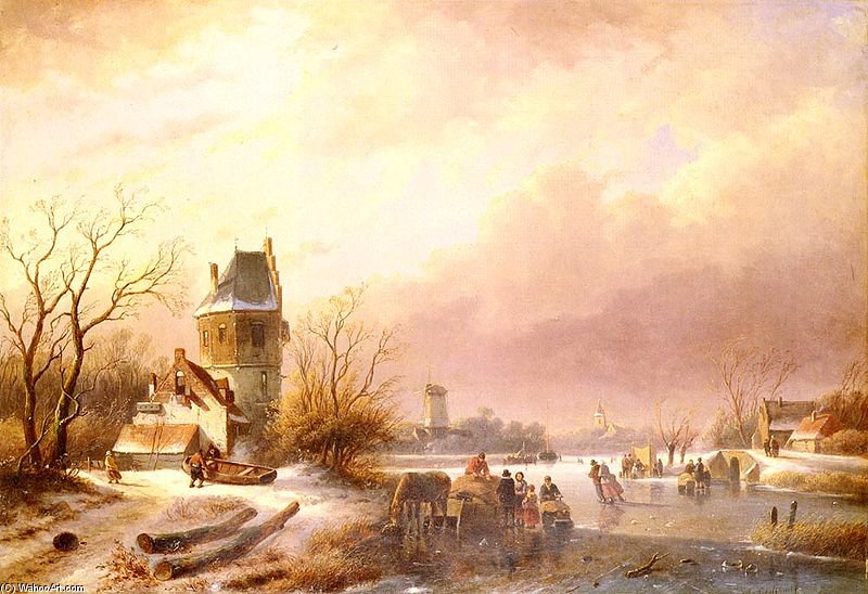 WikiOO.org - Encyclopedia of Fine Arts - Lukisan, Artwork Andreas Schelfhout - Skaters On A Frozen River